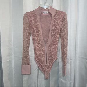 HOUSE OF CB Light Pink Lace Paraisa Plunging Neck Long Sleeve Bodysuit Size XS